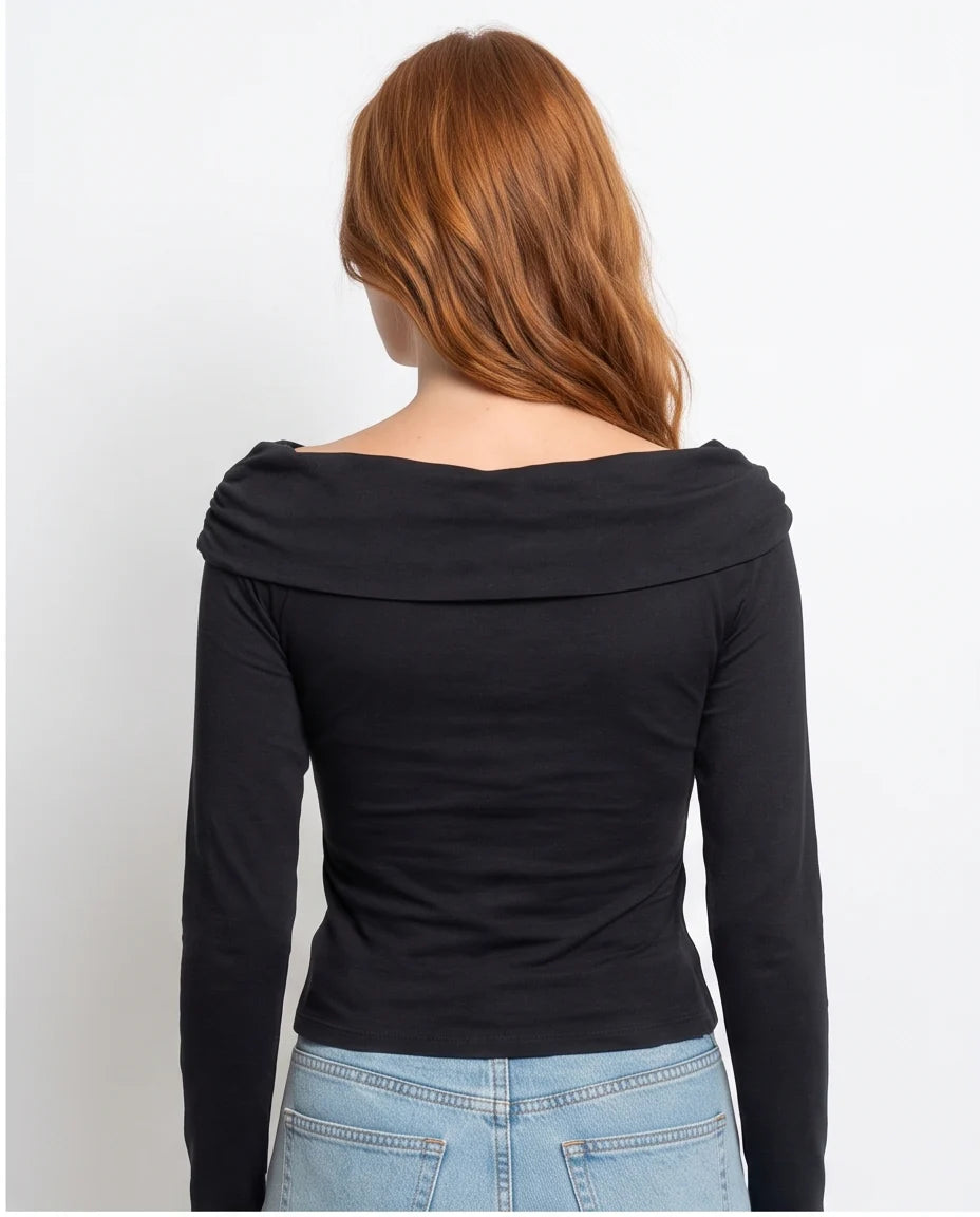 Black Draped Boat Neck Long Sleeve Top with Ring Detail