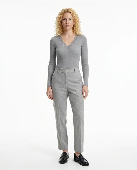 Heather Grey Lace-Trim Ribbed Long Sleeve Top