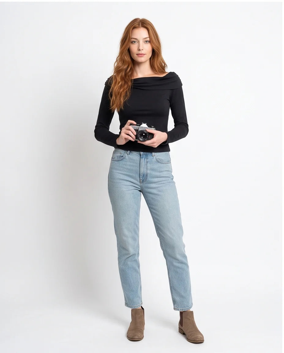 Black Draped Boat Neck Long Sleeve Top with Ring Detail