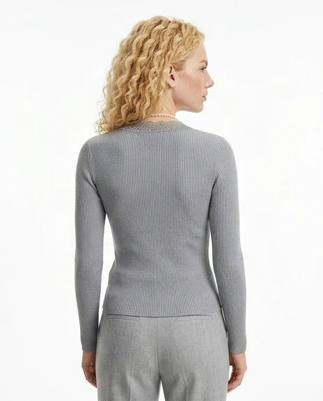 Heather Grey Lace-Trim Ribbed Long Sleeve Top
