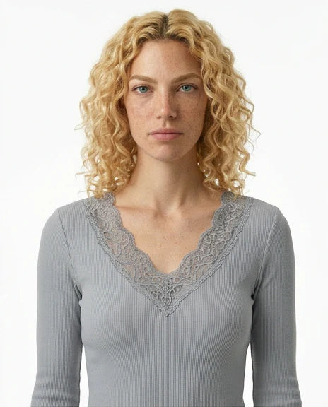 Heather Grey Lace-Trim Ribbed Long Sleeve Top