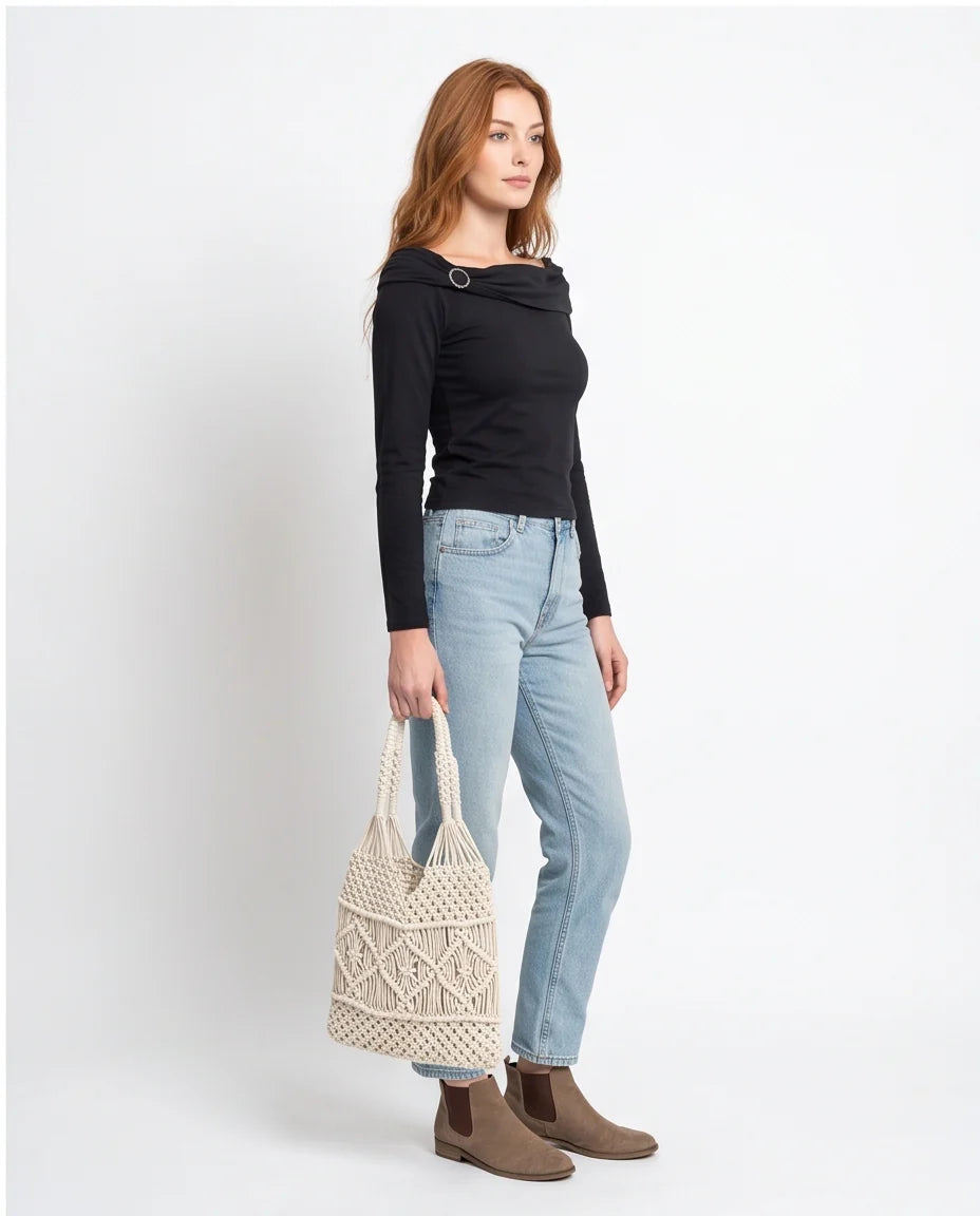 Black Draped Boat Neck Long Sleeve Top with Ring Detail