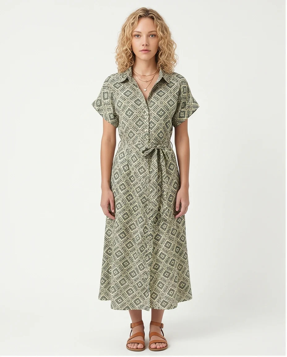 Green Mosaic Print Short Sleeve Midi Shirt Dress