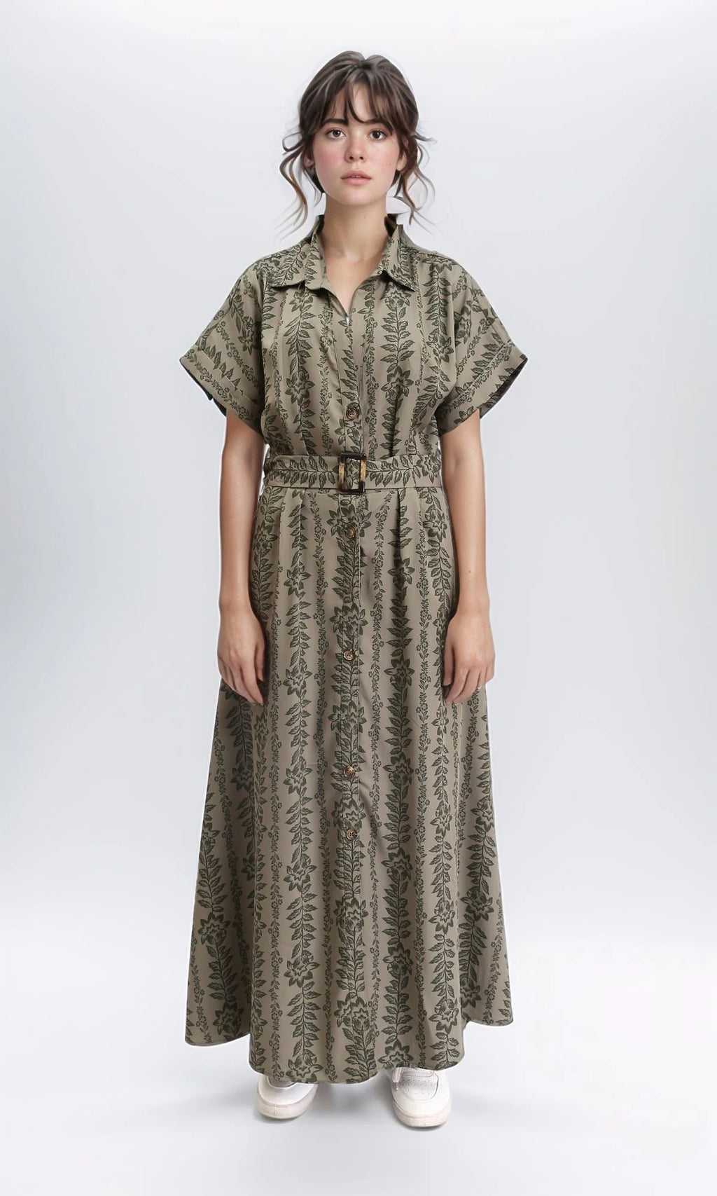 Green Mosaic Print Short Sleeve Midi Shirt Dress