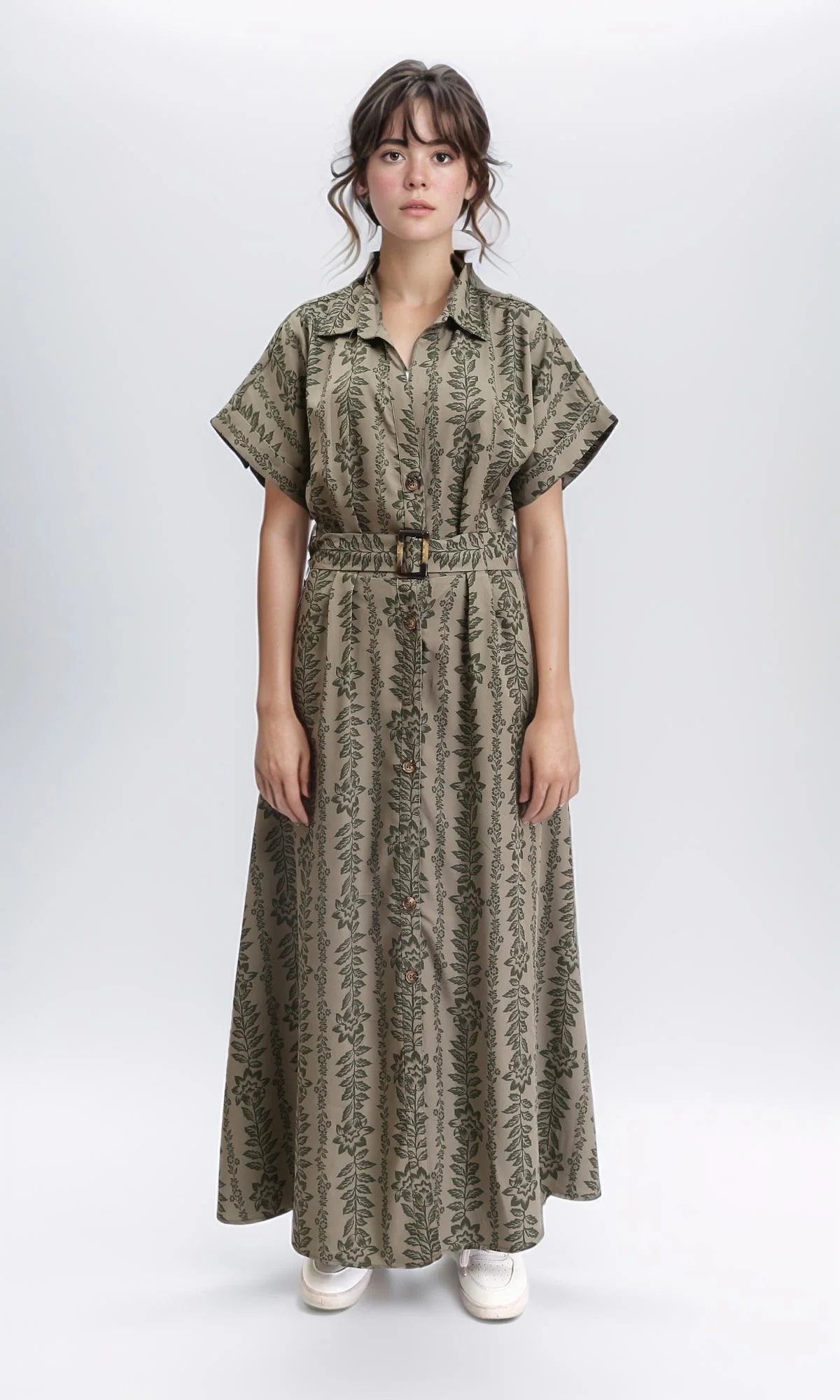 Green Mosaic Print Short Sleeve Midi Shirt Dress