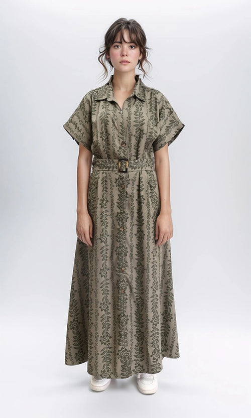 Green Mosaic Print Short Sleeve Midi Shirt Dress