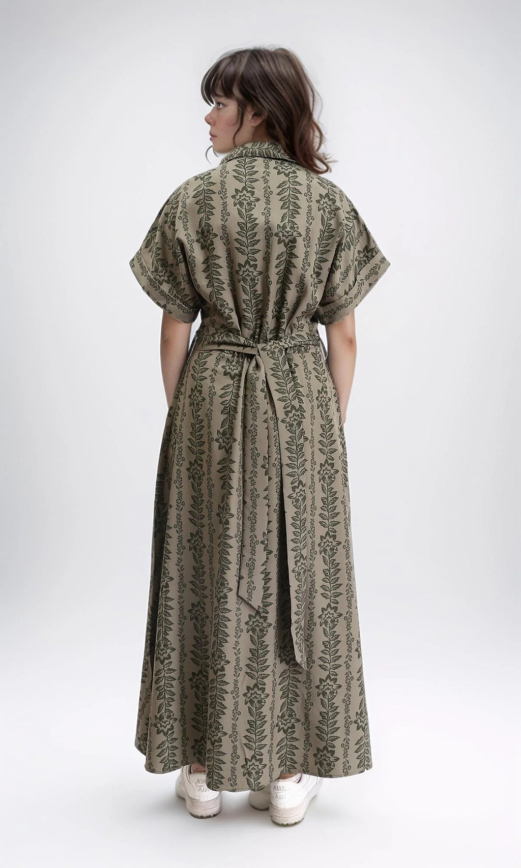Green Mosaic Print Short Sleeve Midi Shirt Dress
