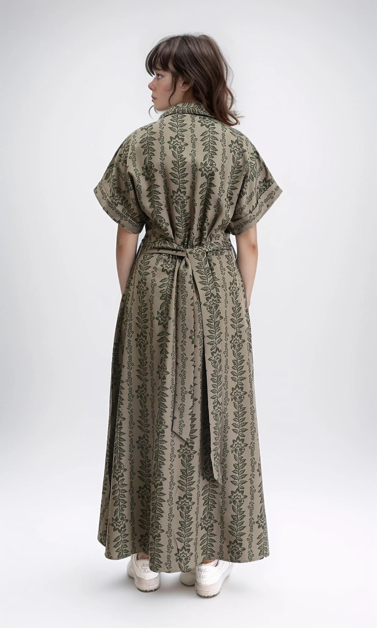 Green Mosaic Print Short Sleeve Midi Shirt Dress