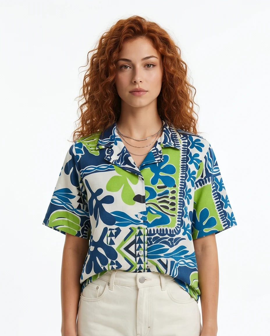 Vibrant Graphic Print Oversized Linen Shirt - R216955