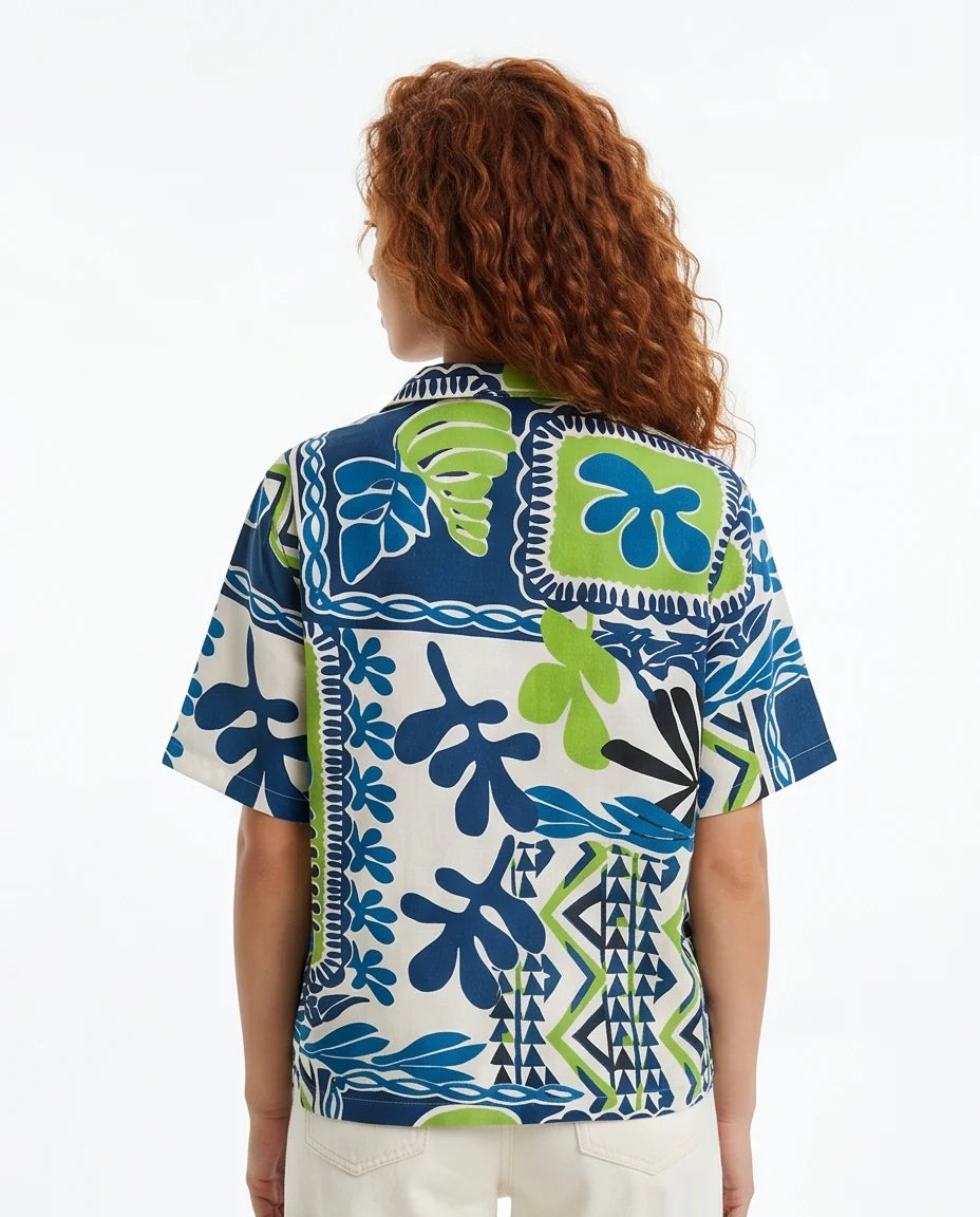 Vibrant Graphic Print Oversized Linen Shirt -