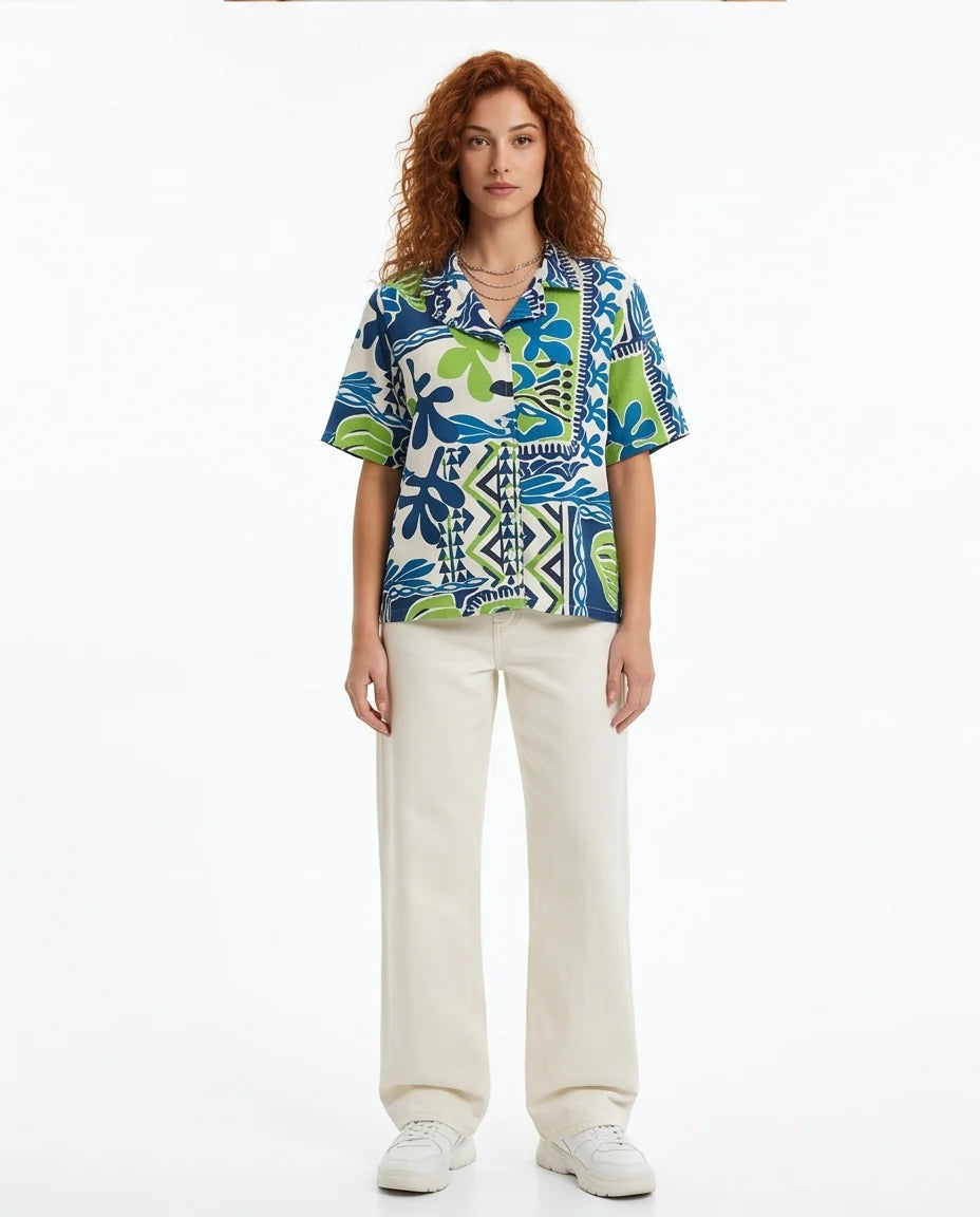 Vibrant Graphic Print Oversized Linen Shirt -