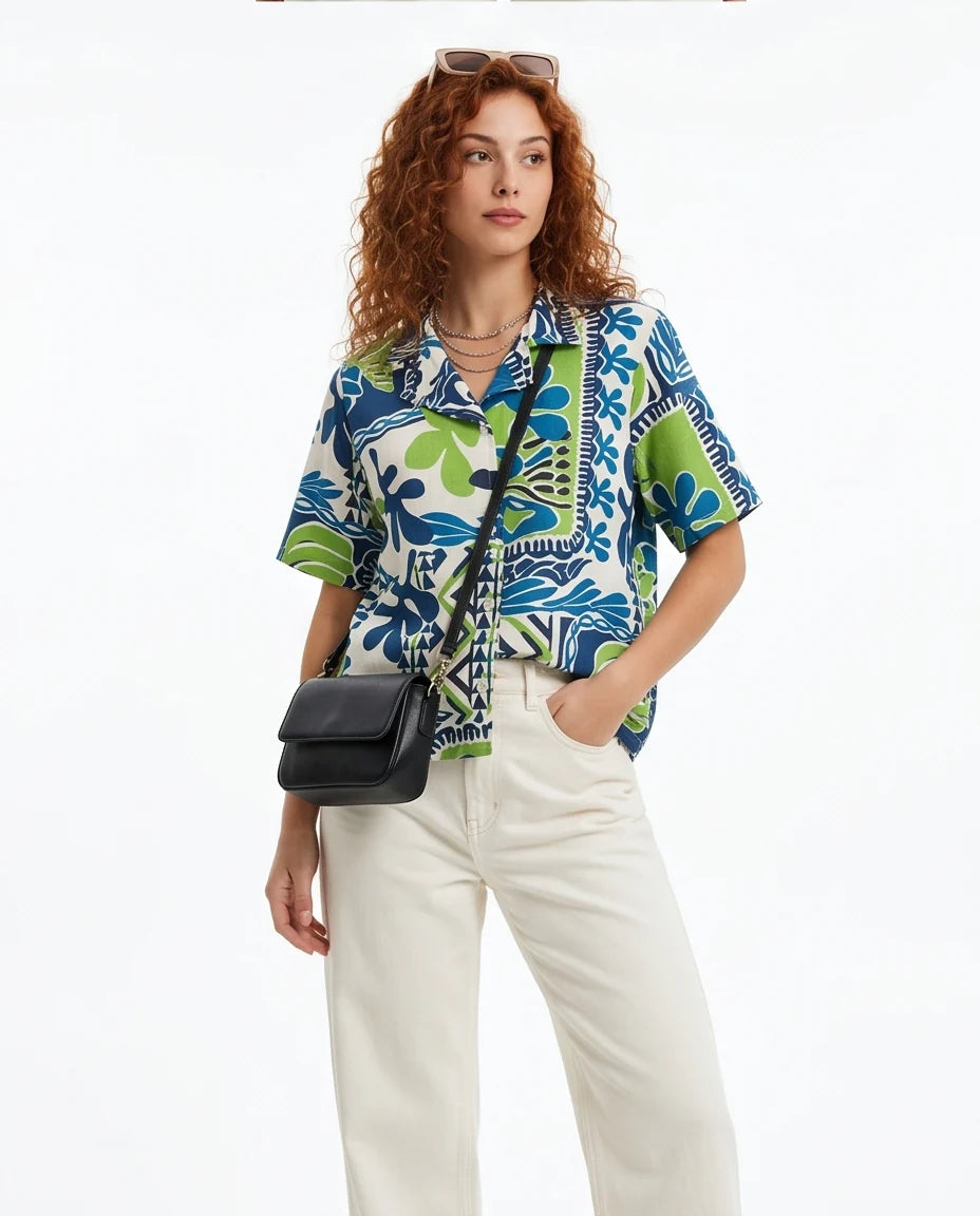 Vibrant Graphic Print Oversized Linen Shirt -