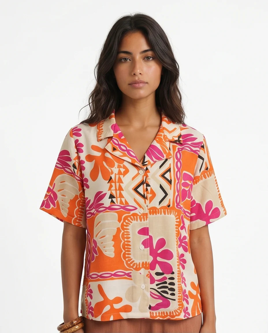 Vibrant Graphic Print Oversized Linen Shirt - R216955