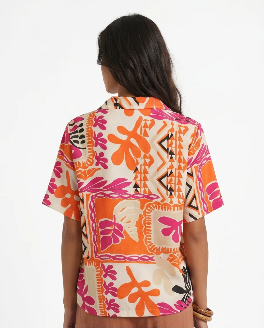 Vibrant Graphic Print Oversized Linen Shirt - R216955
