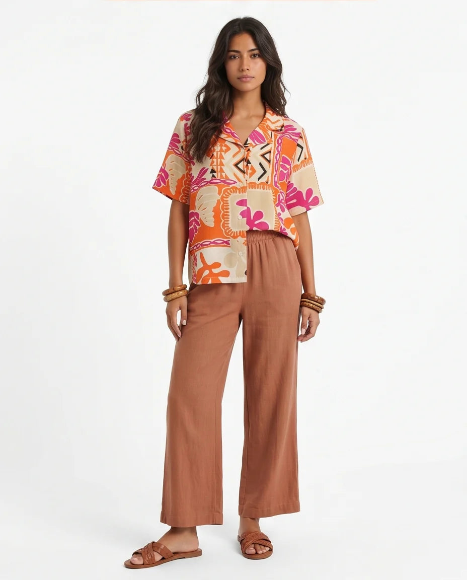 Vibrant Graphic Print Oversized Linen Shirt - R216955